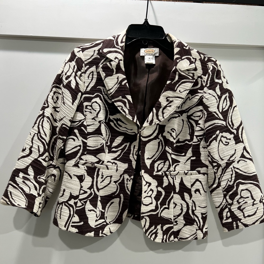Talbots brown/white floral 3/4 sleeve blazer size 4 Petite.